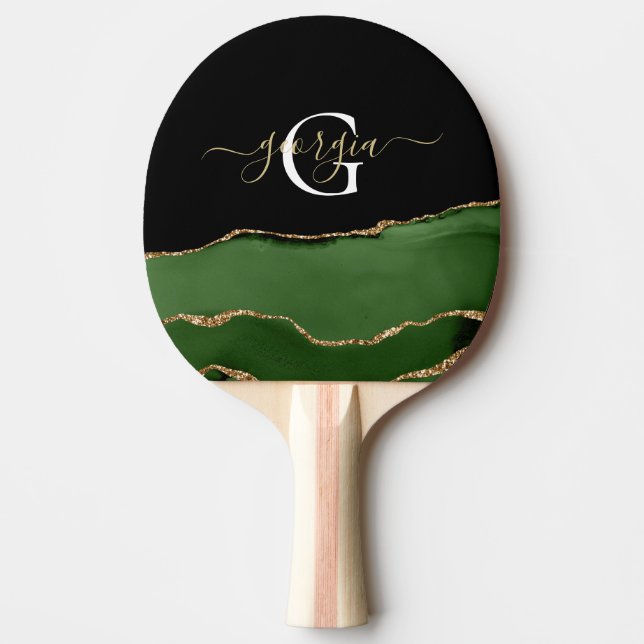 Gold Glitter and Green Agate Monogram Ping Pong Paddle (Front)
