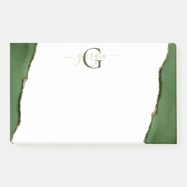 Gold Glitter and Green Agate Monogram Post-it Notes (Front)