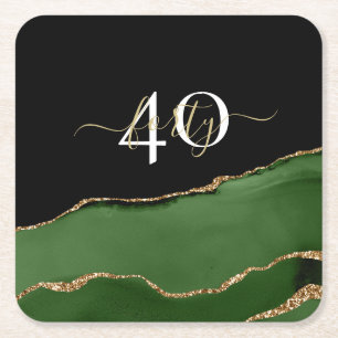 Gold Glitter and Green Agate Monogram Square Paper Coaster