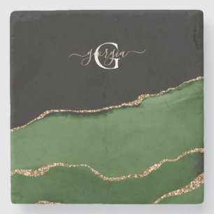 Gold Glitter and Green Agate Monogram Stone Coaster