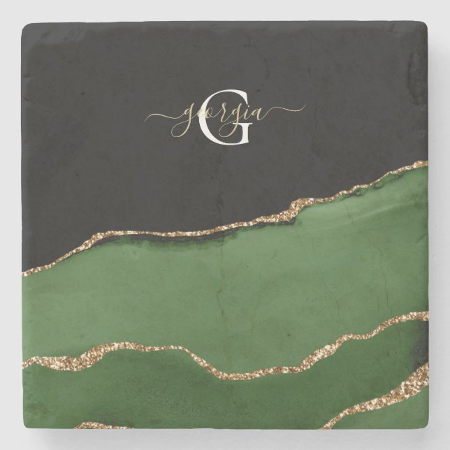 Gold Glitter and Green Agate Monogram Stone Coaster (Front)