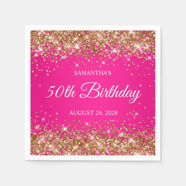 Gold Glitter and Hot Pink 50th Birthday Napkin (Front)