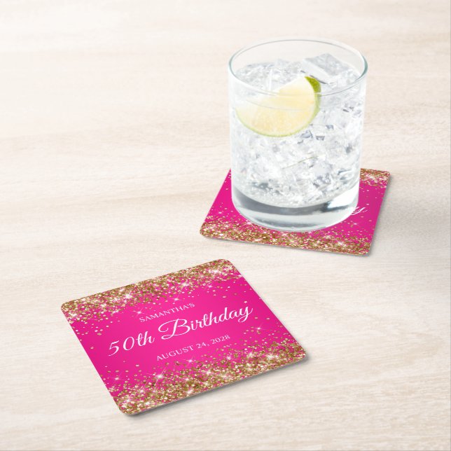 Gold Glitter and Hot Pink 50th Birthday Square Paper Coaster (Insitu)