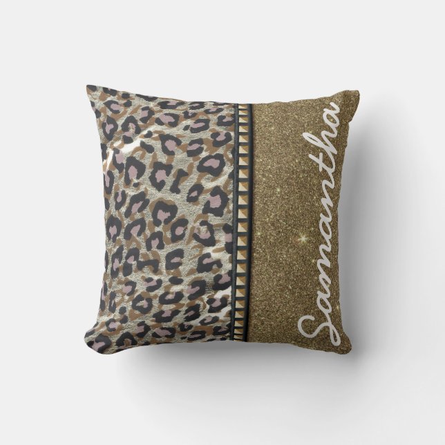 Gold Glitter and Leopard Monogram Cushion (Front)