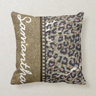 Gold Glitter and Leopard Monogram Cushion