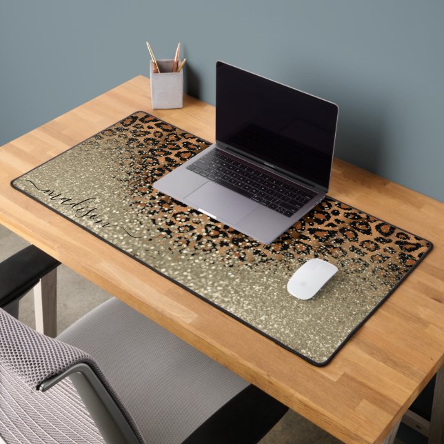 Gold Glitter and Leopard Pattern - Personalise Desk Mat (Office 2)