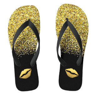 Gold Glitter and Lips Flip Flops