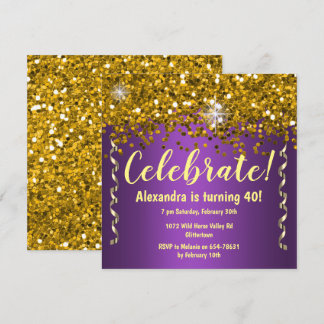 Gold Glitter and Metallic Purple 40th Birthday   Invitation
