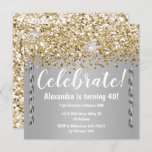 Gold Glitter and Metallic Silver 40th Birthday Invitation<br><div class="desc">A sparkling, shiny glitter 40th birthday party invite features a pattern of (please note, only printed) gold glitter and silver curling ribbons hanging down on a metallic silver background. All details can be easily changed to suit, including the age and event which can be changed to 50th, 30th birthday, 50th...</div>