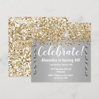 Gold Glitter and Metallic Silver 40th Birthday Invitation