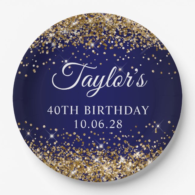 Gold Glitter and Navy Blue 40th Birthday Paper Plate (Front)