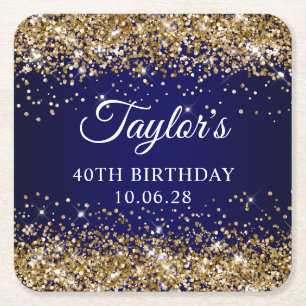 Gold Glitter and Navy Blue 40th Birthday Square Paper Coaster