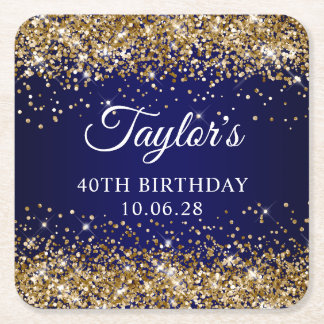 Gold Glitter and Navy Blue 40th Birthday Square Paper Coaster