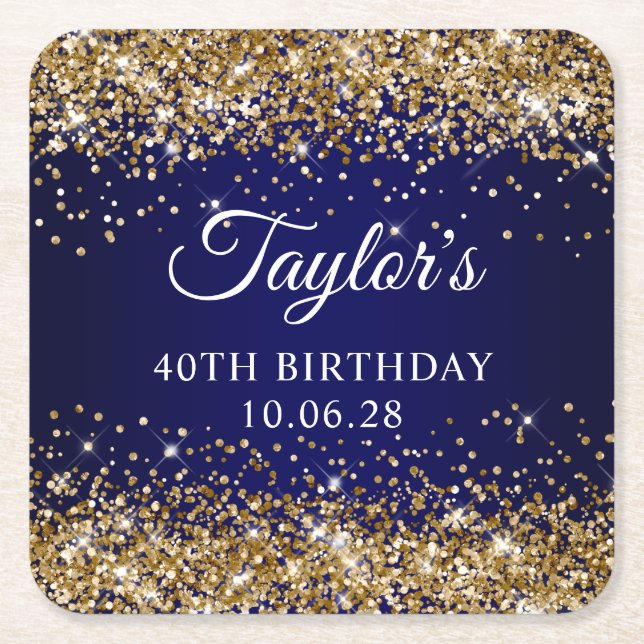 Gold Glitter and Navy Blue 40th Birthday Square Paper Coaster (Front)