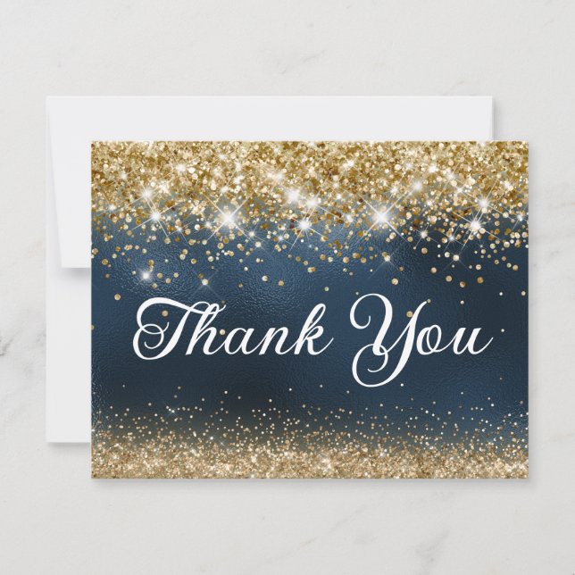 Gold Glitter and Navy Blue Foil 40th Birthday Thank You Card (Front)