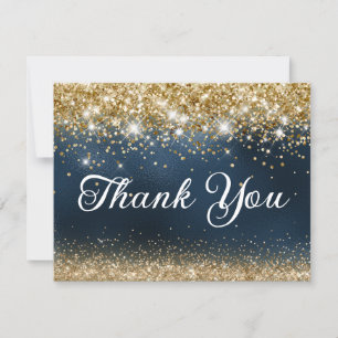 Gold Glitter and Navy Blue Foil 40th Birthday Thank You Card