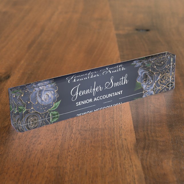 Gold Glitter and Navy Blue Glam Roses Nameplate (Side)
