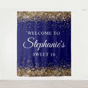 Gold Glitter and Navy Blue Welcome to Sweet 16 Tapestry