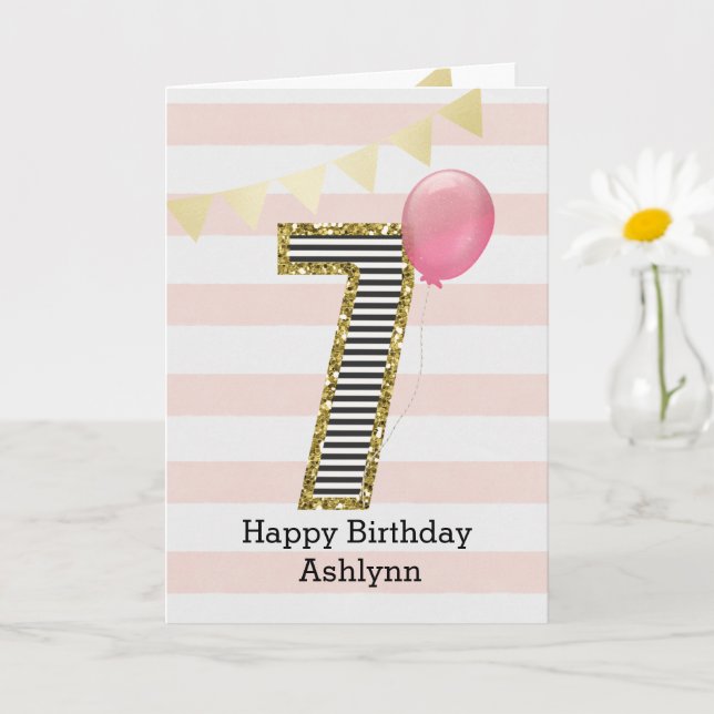 Gold Glitter and Pink 7th Birthday Card (Small Plant)