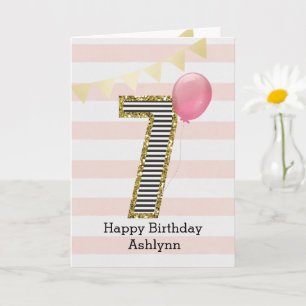 Gold Glitter and Pink 7th Birthday Card