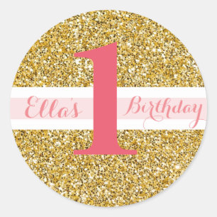 Gold Glitter and Pink First Birthday Stickers