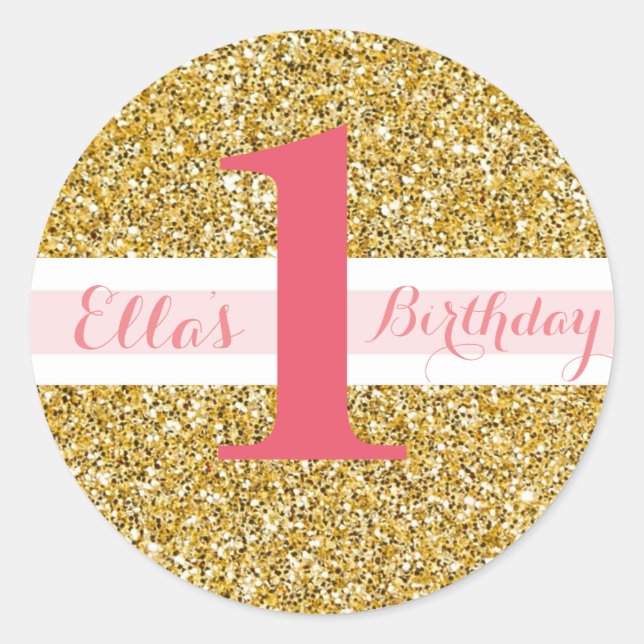 Gold Glitter and Pink First Birthday Stickers (Front)