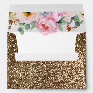 Gold Glitter and Pink Flowers Fall Wedding Envelope