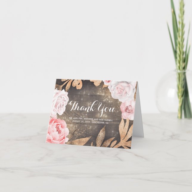 Gold Glitter and Pink Flowers Wedding Thank You (Front)