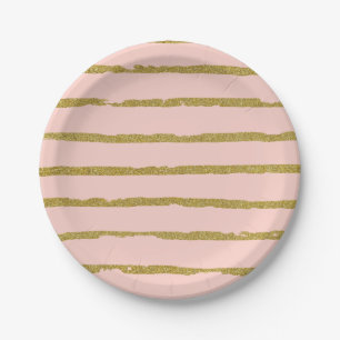 Gold Glitter and Pink Modern Lines Pattern Paper Plate
