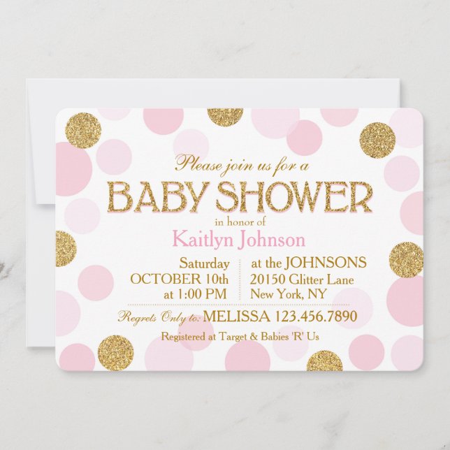 Gold Glitter and Pink Scattered Dots Baby Shower Invitation (Front)