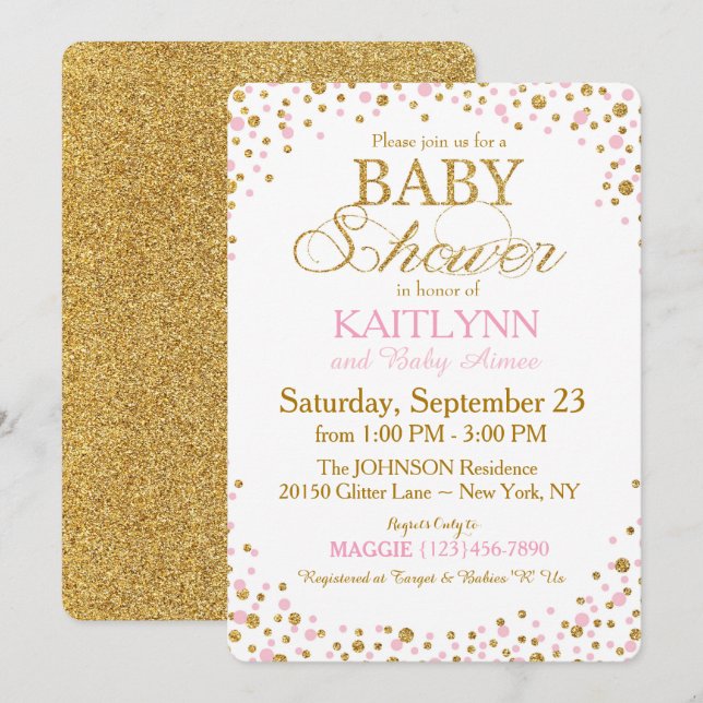 Gold Glitter and Pink Sprinkle Baby Shower Invitation (Front/Back)