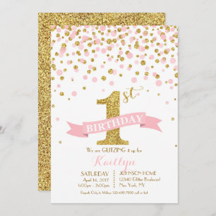 Gold Glitter and Pink Sprinkles Modern Birthday Invitation