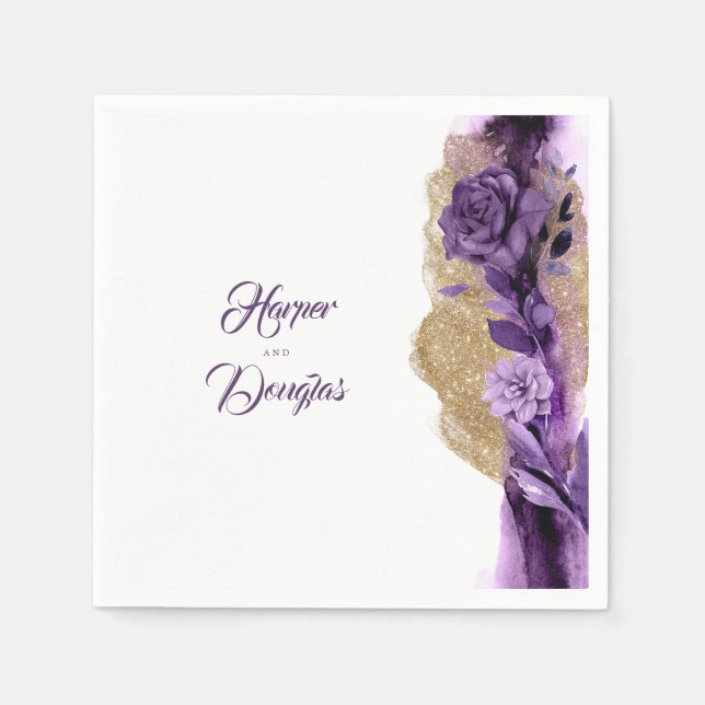 Gold Glitter and Plum Purple Floral Wedding Napkin (Front)