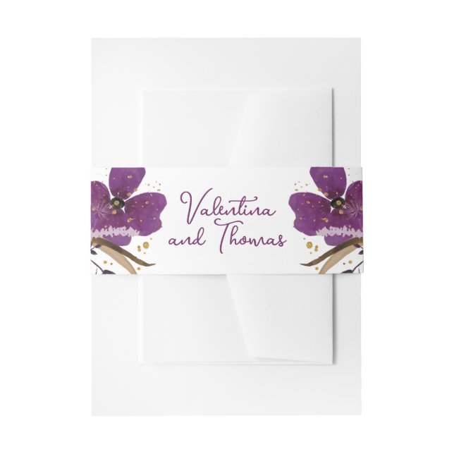 Gold Glitter and Purple Flowers Wedding Invitation Belly Band (Front Example)