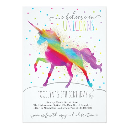 Gold Glitter and Rainbow Unicorn Invitation