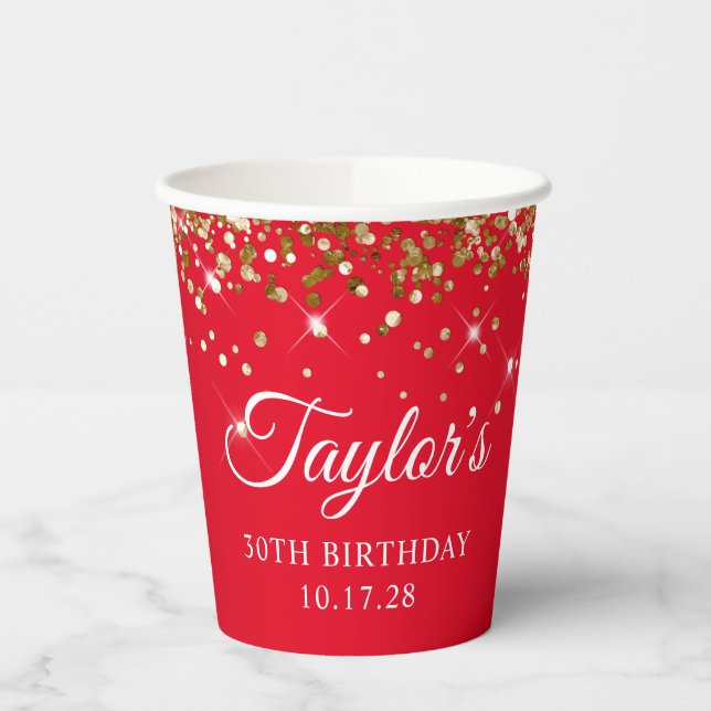 Gold Glitter and Red 30th Birthday Paper Cups (Left)
