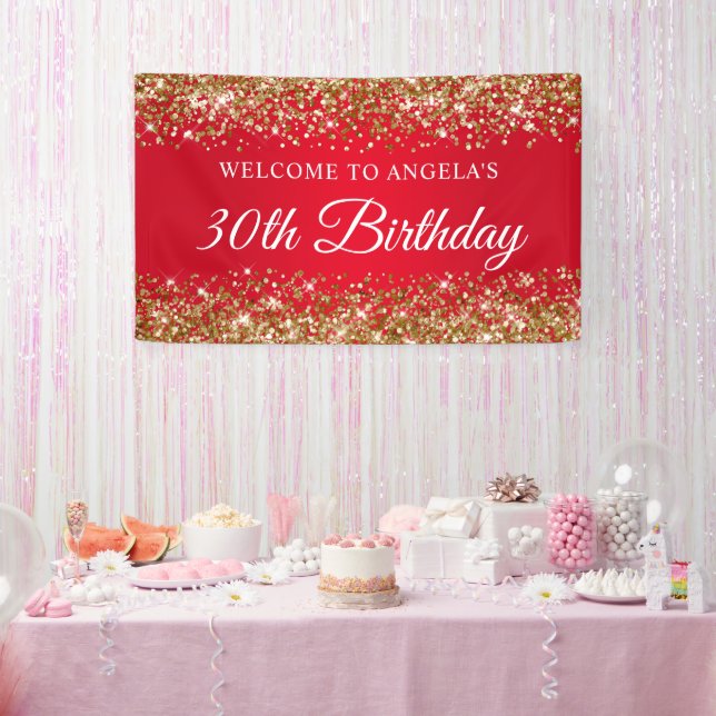 Gold Glitter and Red 30th Birthday Welcome Banner (Party)