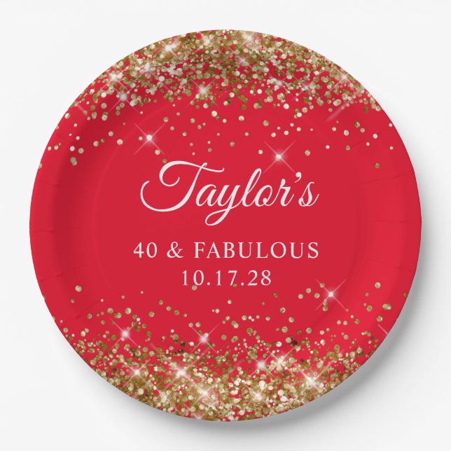 Gold Glitter and Red 40 & Fabulous Paper Plate (Front)