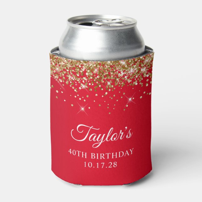 Gold Glitter and Red 40th Birthday Can Cooler (Can Front)