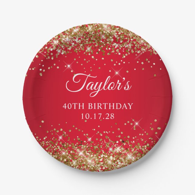 Gold Glitter and Red 40th Birthday Paper Plate (Front)