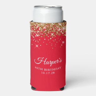 Gold Glitter and Red 40th Birthday Seltzer Can Cooler