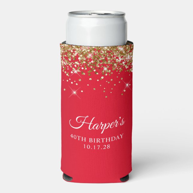 Gold Glitter and Red 40th Birthday Seltzer Can Cooler (Seltzer Front)