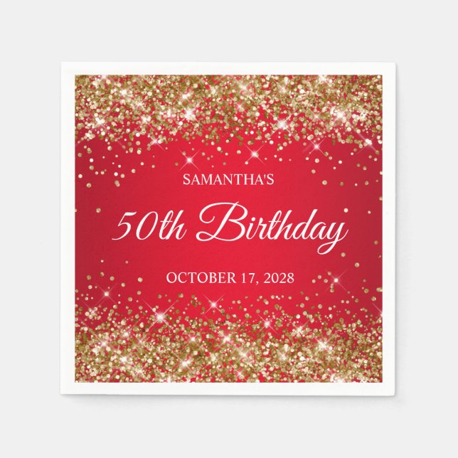 Gold Glitter and Red 50th Birthday Napkin (Front)