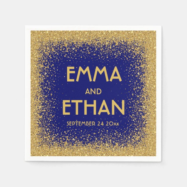 Gold Glitter and Royal Blue Wedding Napkin (Front)
