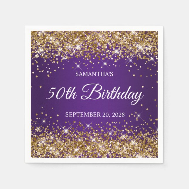 Gold Glitter and Royal Purple 50th Birthday Napkin (Front)