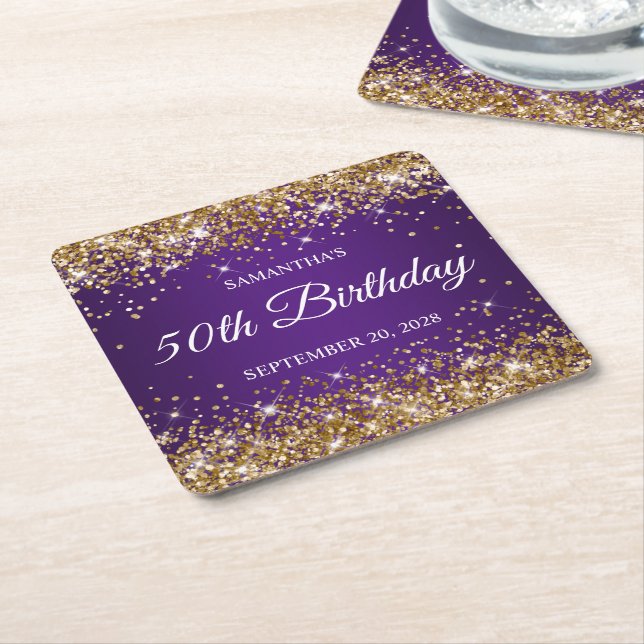Gold Glitter and Royal Purple 50th Birthday Square Paper Coaster (Angled)
