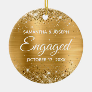 Gold Glitter and Shiny Foil Engaged Ceramic Tree Decoration