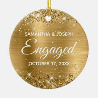 Gold Glitter and Shiny Foil Engaged Ceramic Tree Decoration