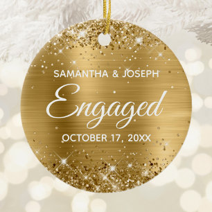Gold Glitter and Shiny Foil Engaged Ceramic Tree Decoration