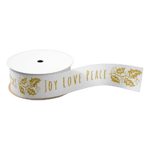Gold glitter and stylised holly berry Christmas Grosgrain Ribbon